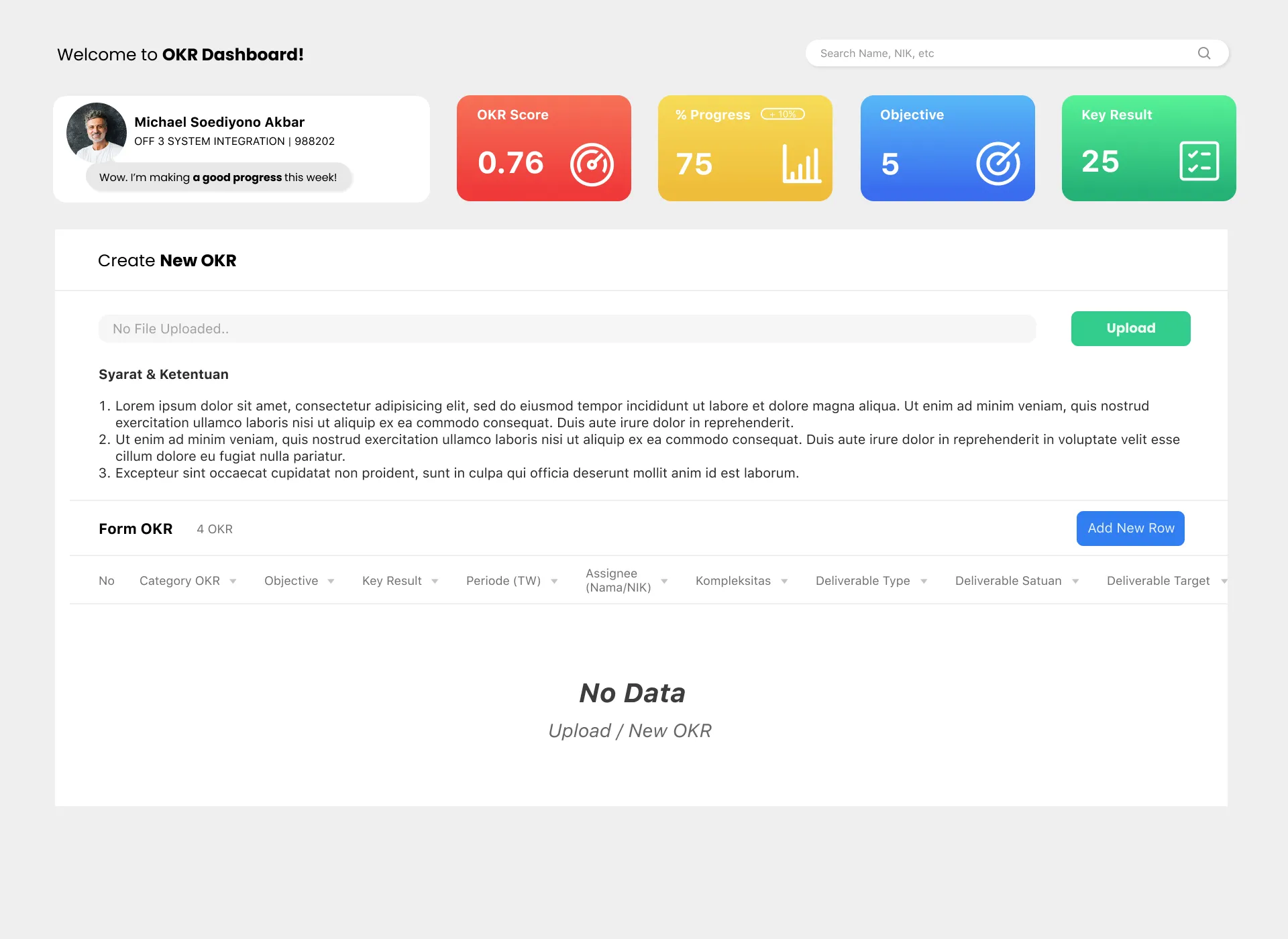 Existing OKR creation page — Excel upload section placed at top, primary web form buried below