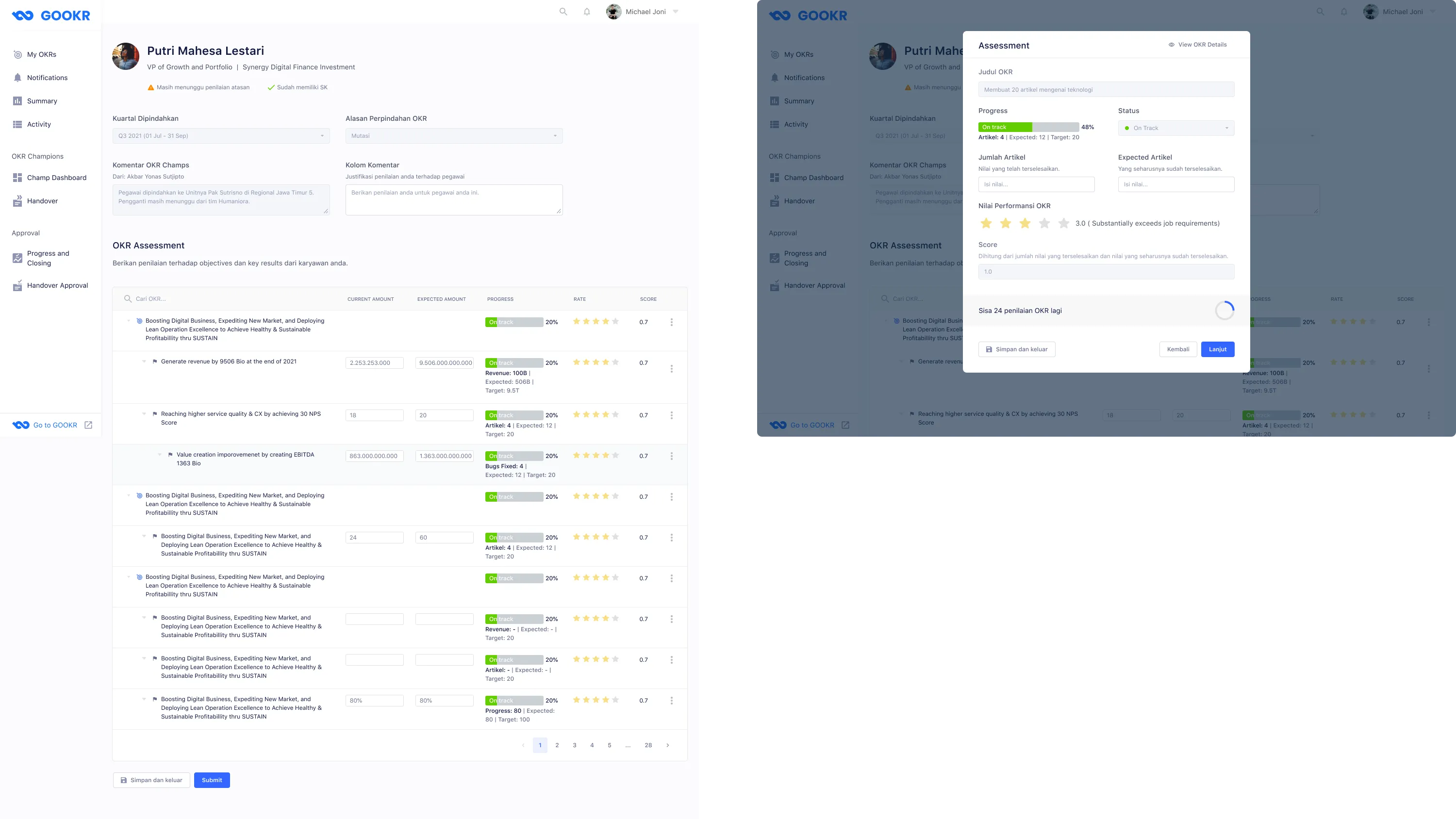 Handover approval form — structured assessment of each key result with star rating and qualitative feedback