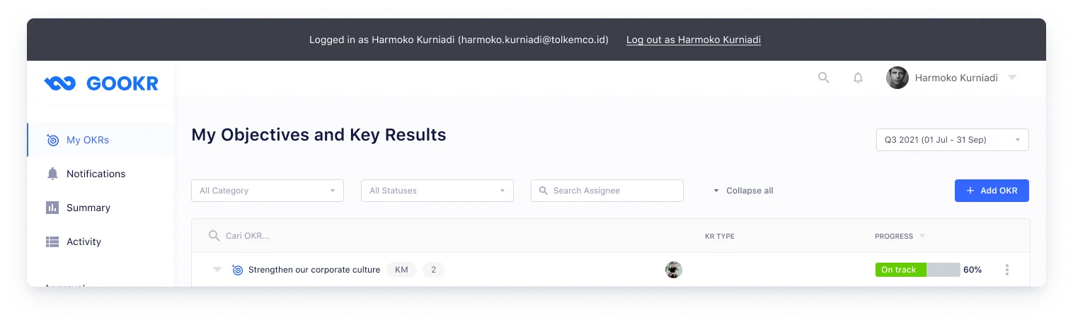 Persistent header banner reminding the delegate they are logged in as another account