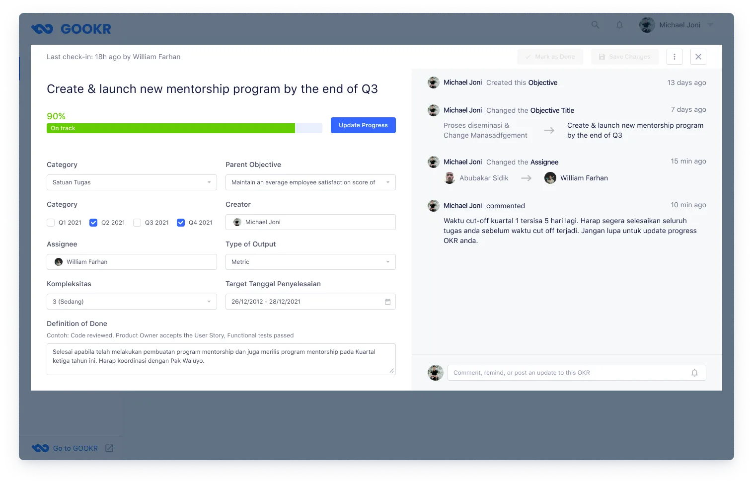 Key Results detail popup showing progress update and change log