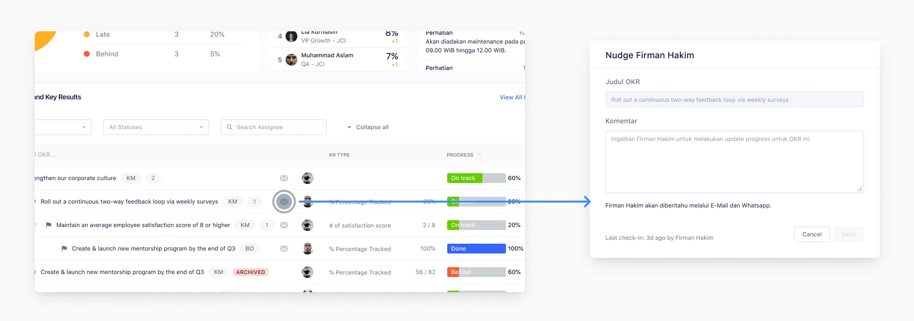 Nudge users feature — OKR Champions send reminders via email and WhatsApp