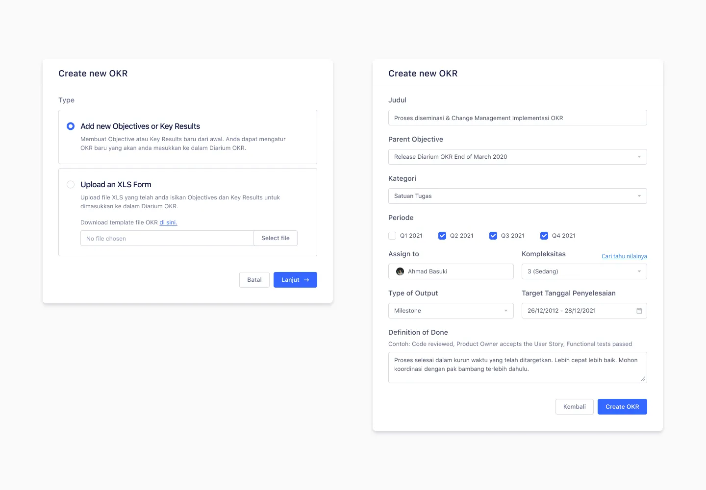 Redesigned OKR creation form — modal popup with direct input as primary action