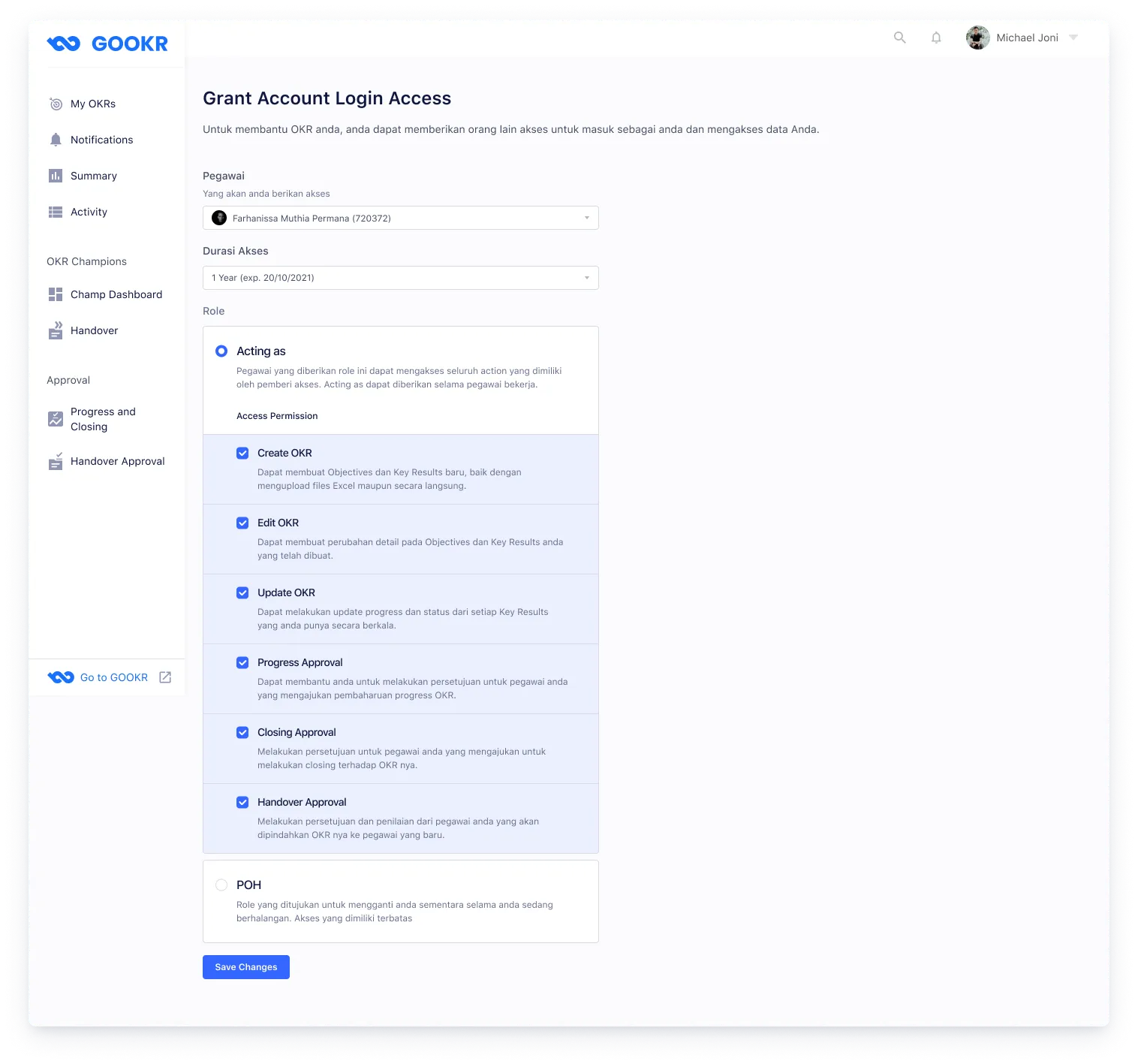 Grant account login access form — users configure delegate permissions