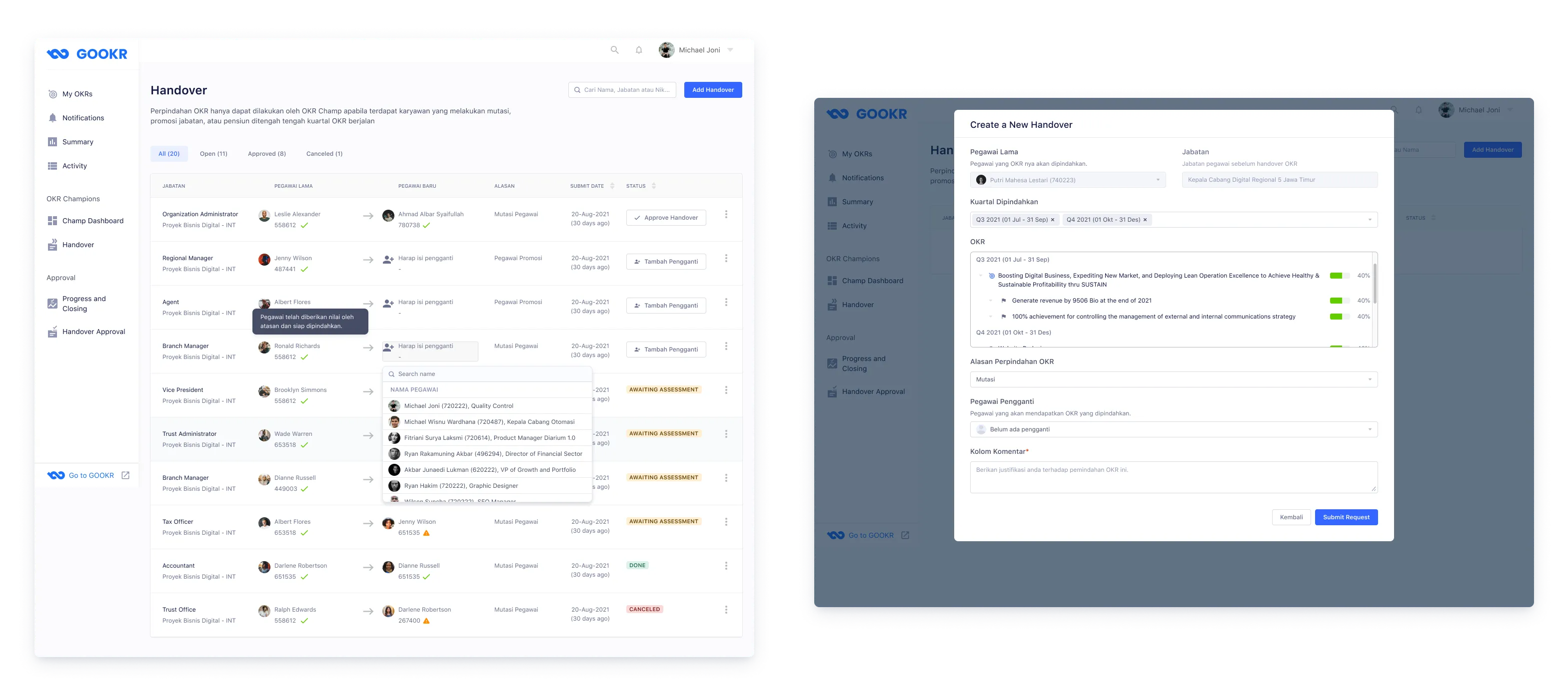 OKR handover management page — admins transfer objectives to a replacement employee