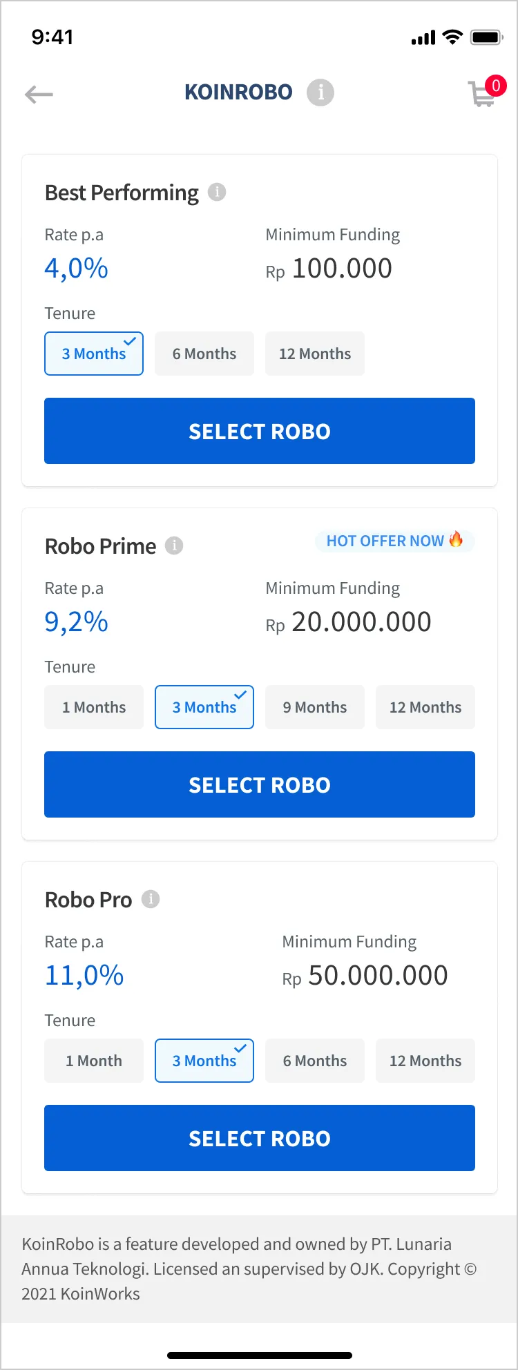New KoinRobo product list — rates and tenure shown per product