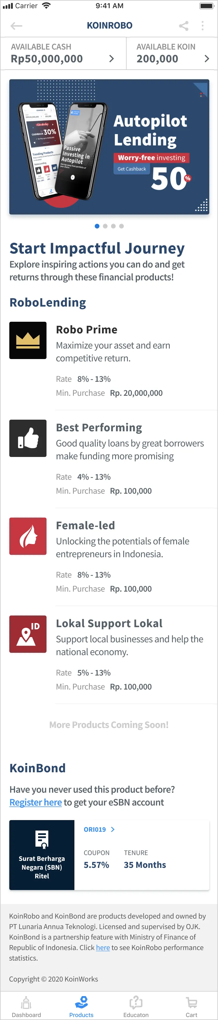 Old KoinRobo product list — social causes shown upfront